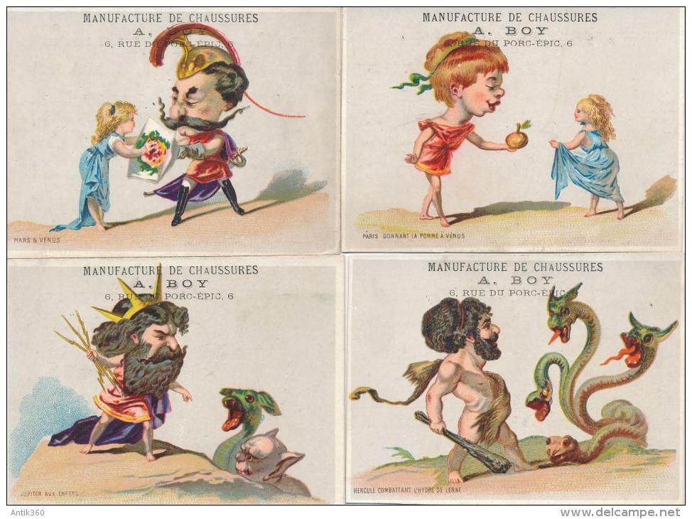 Lot De 4 Chromos Caricature Humour Magasin Chaussures Boy Le Mans Mythologie - Autres & Non Classés