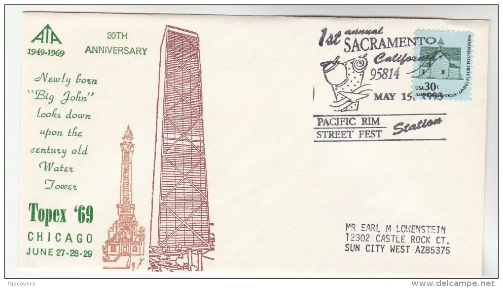 1993 USA COVER Stamps  EVENT  Pmk SACREMENTO  PACIFIC REM STREET FESTIVAL On 1969 TOPEX Chicago WATER TOWER - Environment & Climate Protection