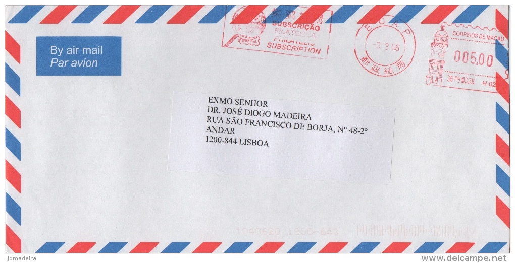 Macau Cover To Portugal Meter Stamp - Cartas & Documentos