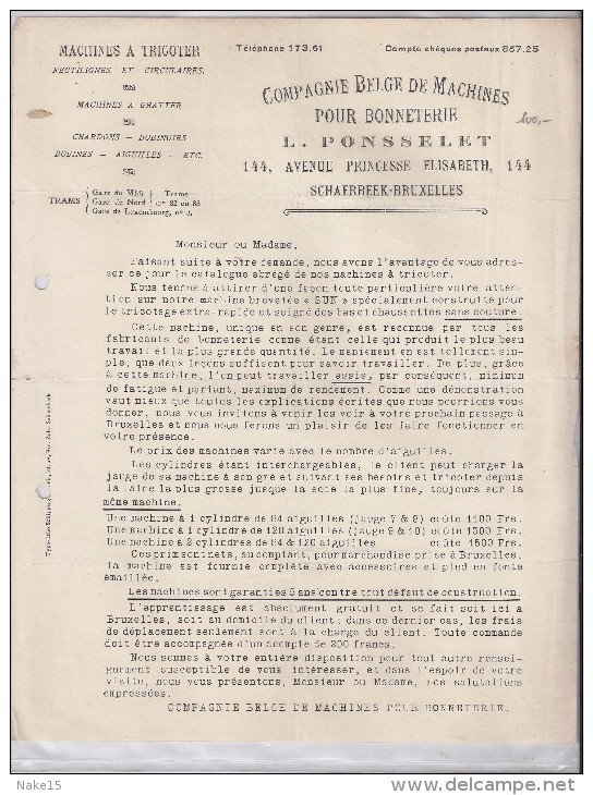 L Ponsselet Schaerbeek  Brief+factuur 1922 - 1900 – 1949