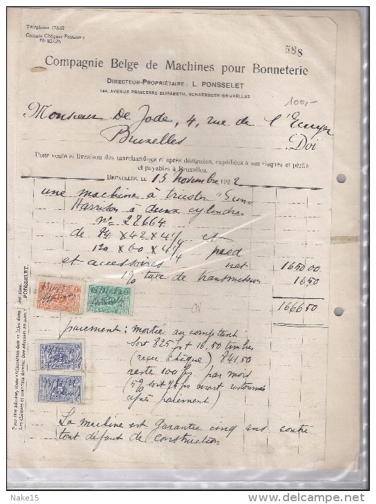 L Ponsselet Schaerbeek  Brief+factuur 1922 - 1900 – 1949