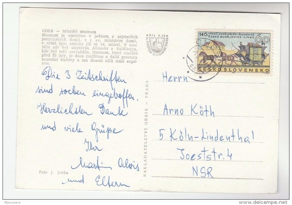 1968  CZECHOSLOVAKIA COVER Stamps 60h HORSE MAIL COACH   (postcard Cheb) - Covers & Documents