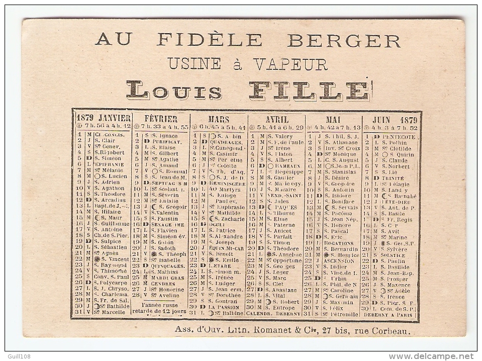 Jolie Chromo Calendrier 1879 1er Semestre Lithographie Romanet Paris Au Fidèle Berger Louis Fille Fleur Rose A7-4 - Sonstige & Ohne Zuordnung