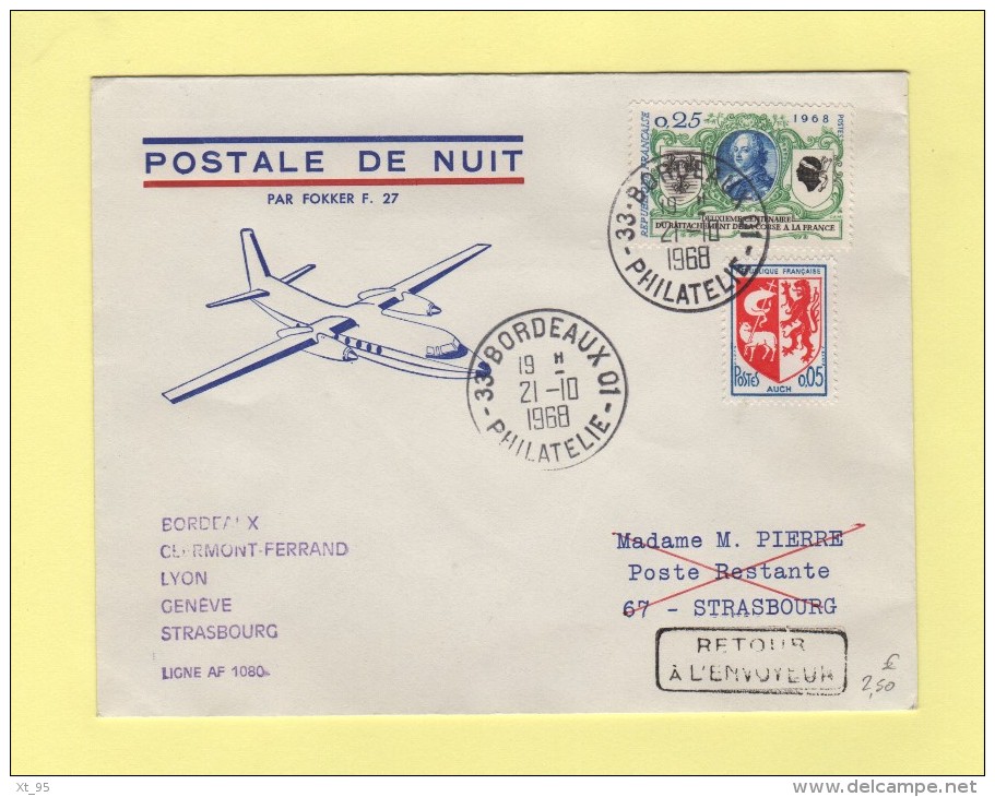 Postale De Nuit - Ligne AF 1080 - Bordeaux - 21-10-1968 - 1960-.... Lettres & Documents