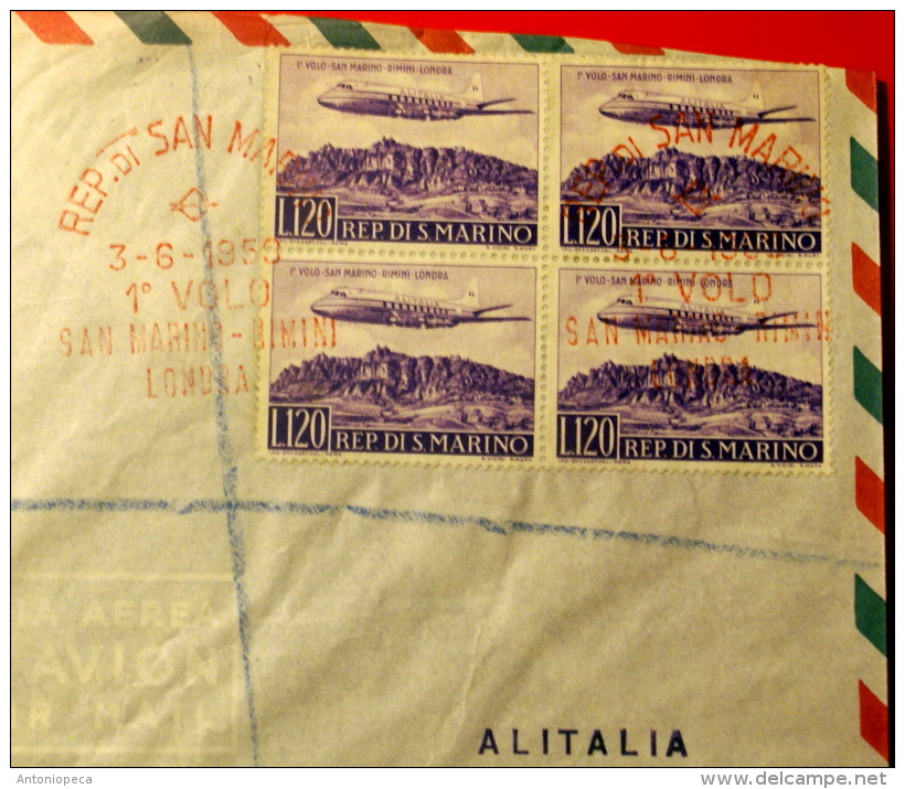 SAN MARIN0 1959 - PRIMO VOLO SAN MARINO - RIMINI- LONDRA, BLOCK FDC - Storia Postale