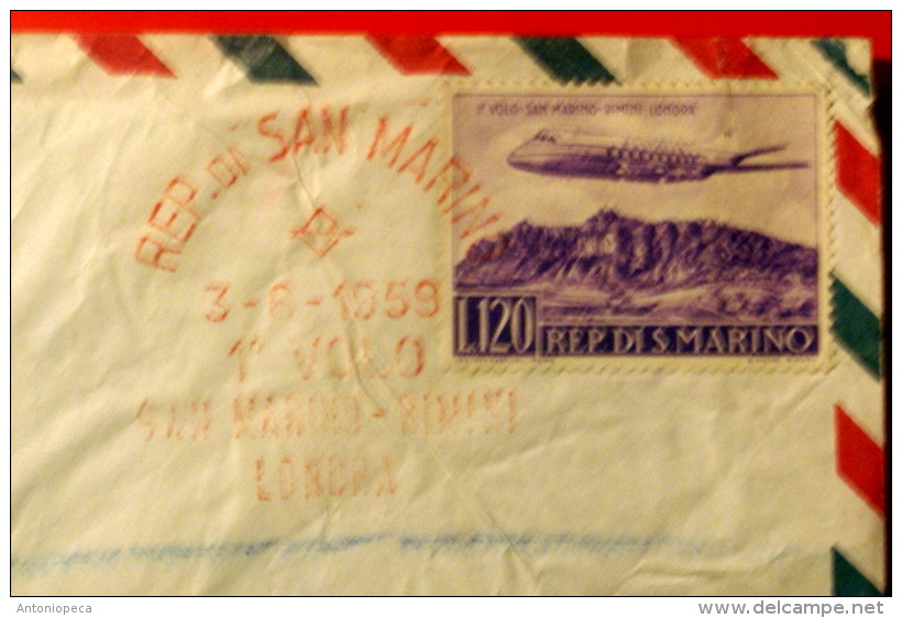 SAN MARIN0 1959 - PRIMO VOLO SAN MARINO - RIMINI- LONDRA,  FDC - Storia Postale