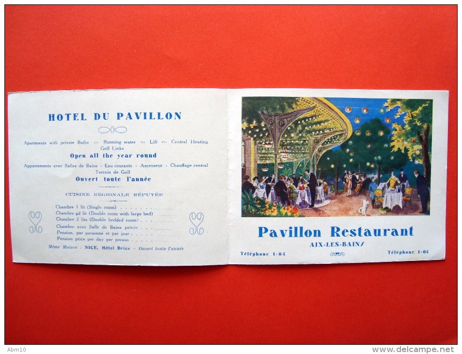 Dépliant Publicitaire, Hôtel Du Pavillon, Aix Les Bains, 13,5 X 10,5 Cm. 4 Pages, Années 1920 Environ - Publicités