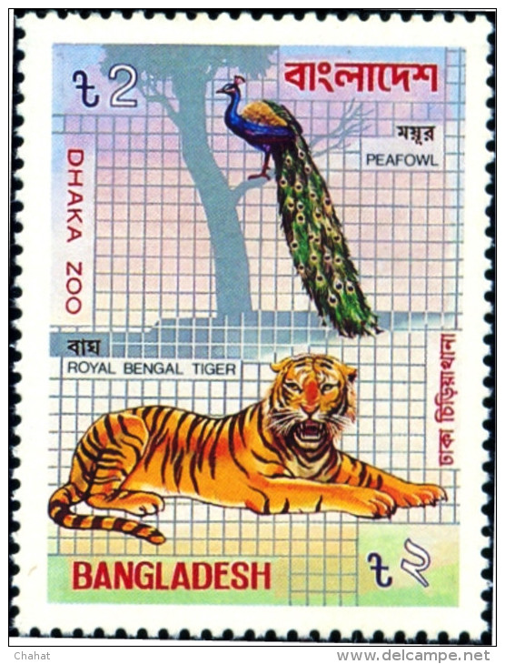 PEACOCK & BENGAL TIGER-ZOO ANIMALS-BANGLADESH-MNH-B3-954 - Paons