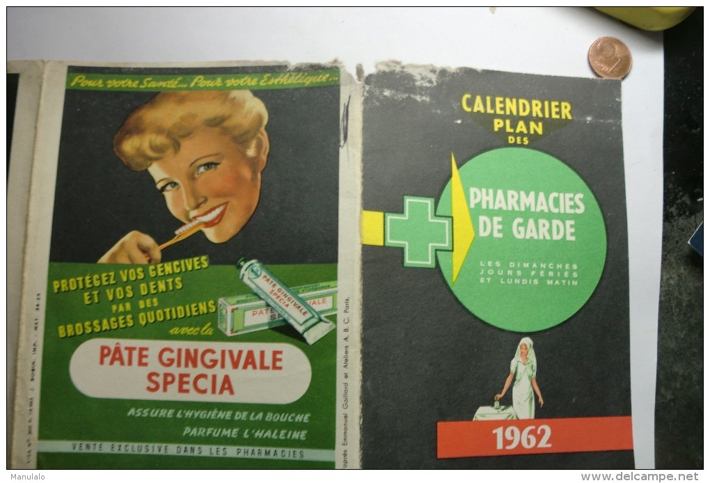 Calendrier Plan Des Pharmacie De Garde 1962 1er Et IIe Arrondissement Paris - Publicité Pâte Gingivale Specia - Petit Format : 1961-70