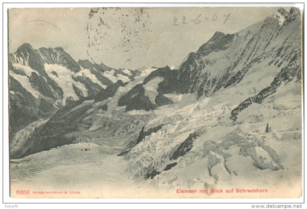 EISMEER Mit Blick Auf Schreckhorn Stempel Station Eismeer Jungfraubahn 1907 Und EISMEER 3153 M U/M - Sonstige & Ohne Zuordnung