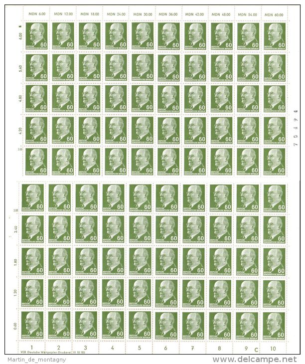 9.12.1964, Staatsratvorsitzender Walter Ulbricht, 60 Pf - Kompletter Bogen  Mi-Nr. 1080, Los 44613 - Unused Stamps