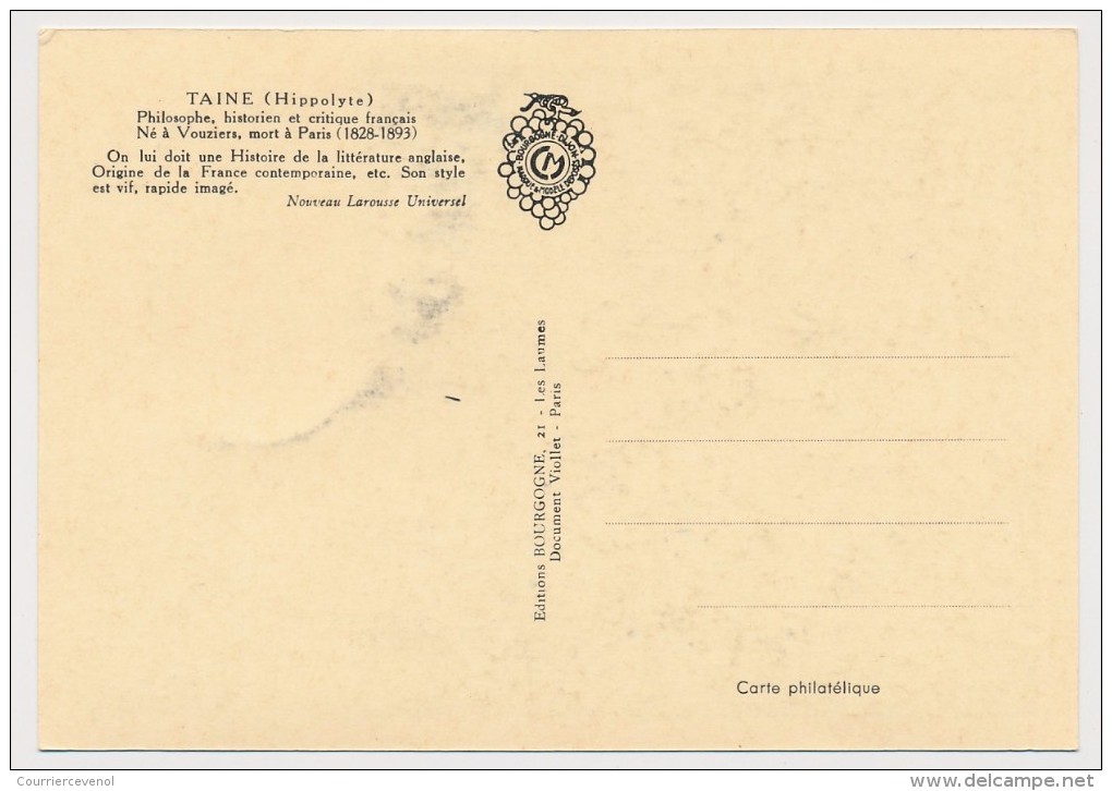 FRANCE => Carte Maximum => 0,30 + 0,10 Hippolyte TAINE - 08 VOUZIERS 1966 - 1960-1969