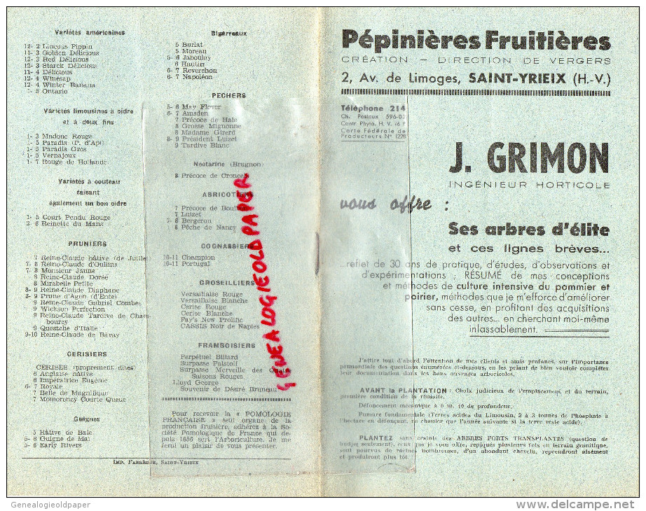 87 - SAINT YRIEIX -ST YRIEIX- CATALOGUE PEPINIERES FRUITIERES J. GRIMON- INGENIEUR HORTICULTURE- 2 AV. DE LIMOGES- - 1950 - ...