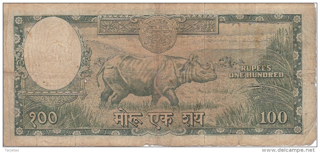 BILLETE DE NEPAL DE 100 RUPIAS DEL AÑO 1961 (BANKNOTE) RINOCERONTE-RHINO - Nepal