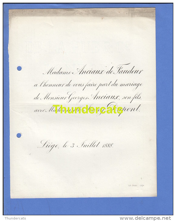 FAIRE PART MARIAGE 1888 ANCIAUX DE FAUDEUR GEORGES JENNY DUPONT LIEGE - Mariage