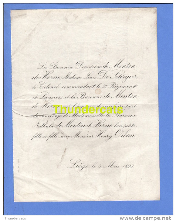 FAIRE PART MARIAGE 1898 BARONNE DE MENTEN DE HORNE JEAN DE SCHRYVER NATHALIE HENRY ORBAN LIEGE - Annunci Di Nozze