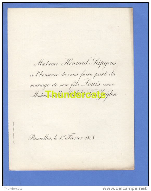 FAIRE PART MARIAGE 1888 HENRARD SEIPGENS LOUIS MATHILDE VAN ZUYLEN ZUIJLEN BRUXELLES - Mariage