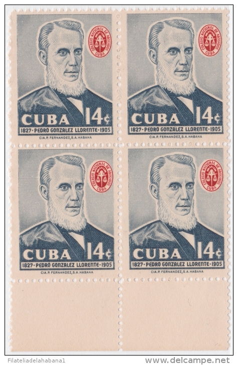 1958-165 CUBA REPUBLICA 1958. 14c Ed.753. PEDRO GONZALEZ LLORENTE. ABOGADO. LAWYER. BLOCK 4 MNH - Neufs