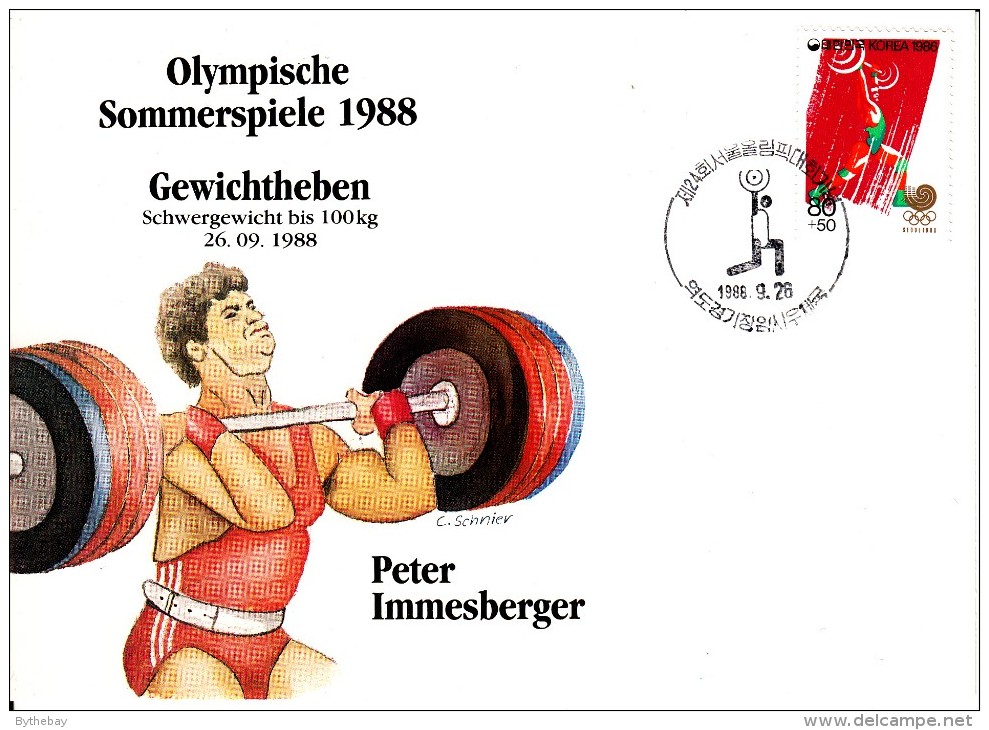 Korea, South Cover Scott #B35 Weightlifting Medal Winner Peter Immesberger - Summer Olympics 1988 Seoul - Ete 1988: Séoul