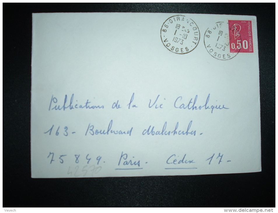 LETTRE TP MARIANNE DE BEQUET 0,50 OBL.1-10-1973 GIRANCOURT (88 VOSGES) + VIGNETTE CONTRE LA TUBERCULOSE 1972 1973 - Cartas & Documentos