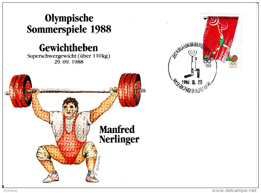 Korea, South Cover Scott #B35 Weightlifting Medal Winner Manfred Nerlinger - Summer Olympics 1988 Seoul - Ete 1988: Séoul