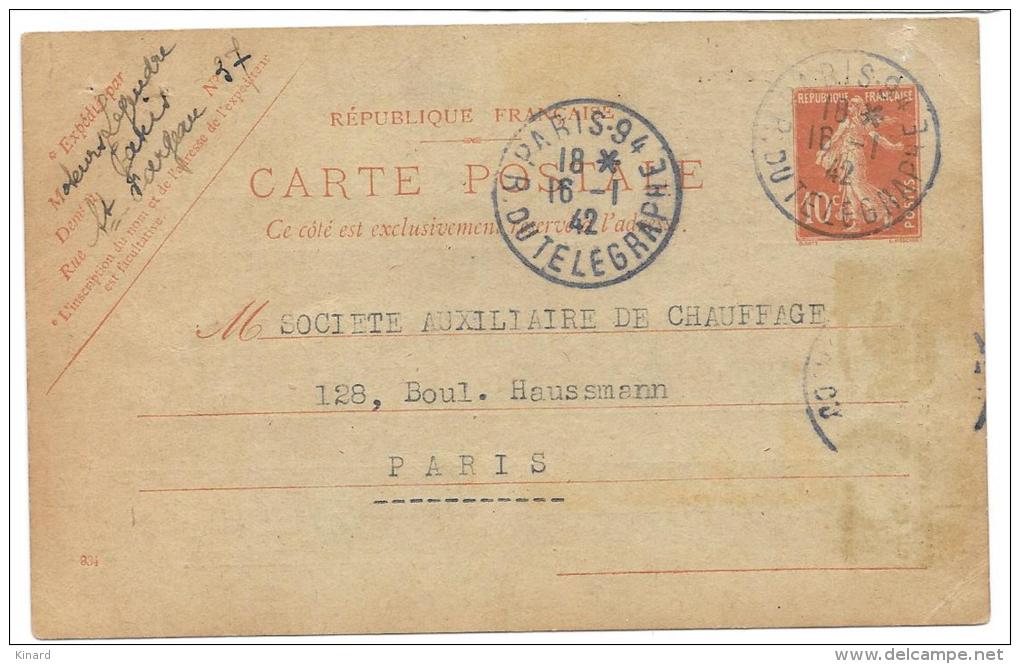 ENTIER POSTAL AVEC REPIQUAGES ..LEGENDRE FRERES CONSTRUCTEURS  PARIS 1942. - Overprinter Postcards (before 1995)