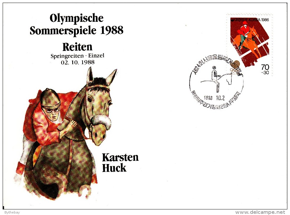 Korea, South Cover Scott #B27 Equestrian Medal Winner Karsten Huck - Summer Olympics 1988 Seoul - Ete 1988: Séoul