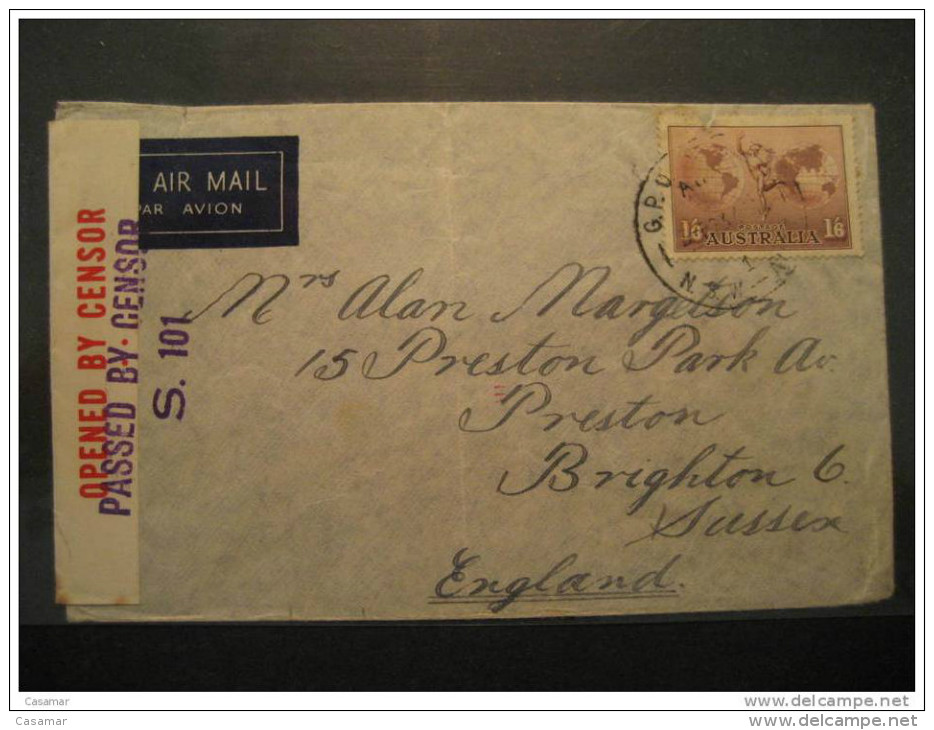 Sydney Air WWII To Brighton Sussex England GB UK Passed By Censor Censure Censored Militar Cover Australia - Storia Postale