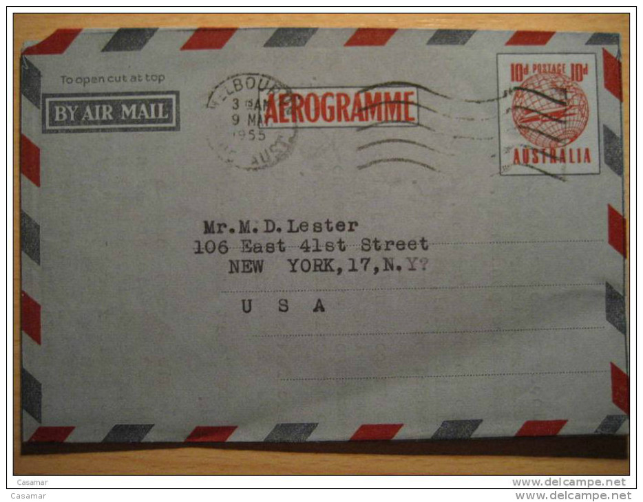 1955 Melbourne VIC To New York NY USA 10d Avion Plane Aerograma Airletter Aerogramme Air Mail Postage Australia - Aerogrammi
