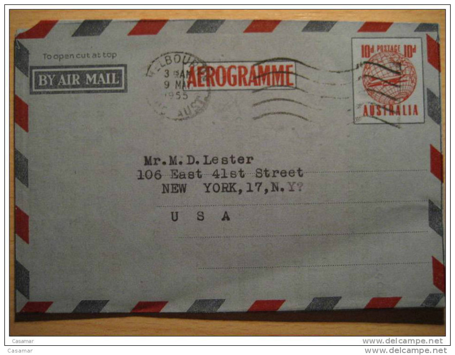 1955 Melbourne VIC To New York NY USA 10d Avion Plane Aerograma Airletter Aerogramme Air Mail Postage Australia - Luchtpostbladen