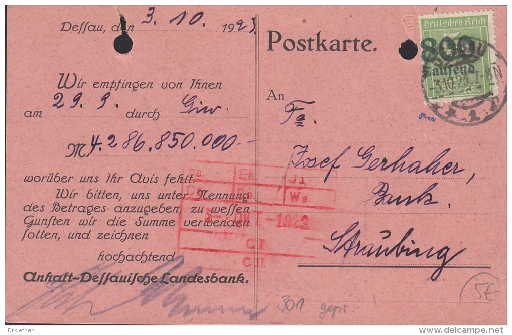 INFLA DR 301 Auf Drucksache Der Anhalt-Dessauischen Landesbank Mit Stempel: Dessau 3.10.1923, Geprüft - Sonstige & Ohne Zuordnung