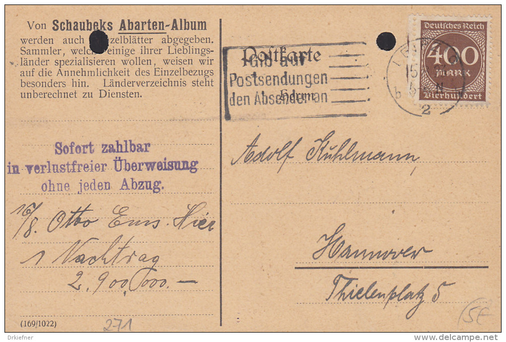 INFLA DR 271 EF, Auf Postkarte Der Fa. C.F.Lücke, Mit Gel.-Stempel (Filbrandt 17,2): Leipzig Gib...Absender An 15.8.1923 - Sonstige & Ohne Zuordnung