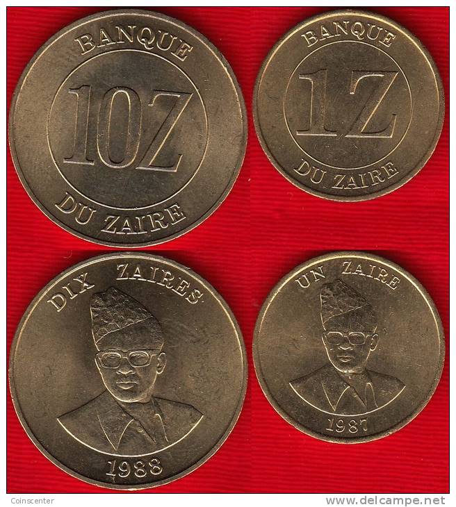 Zaire Set Of 2 Coins: 1 + 10 Zaires 1987-88 Km#13,19 - Zaïre (1971-97)