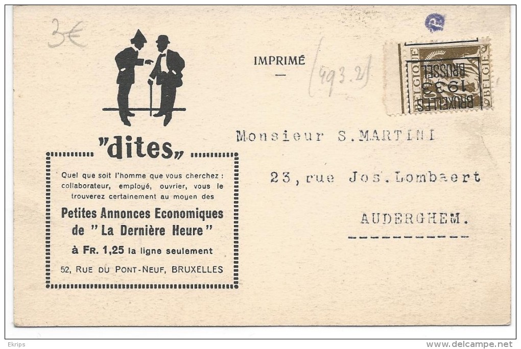 Carte Préoblitérée 1933 Carte De La Dernière Heure - Typos 1932-36 (Cérès Und Mercure)