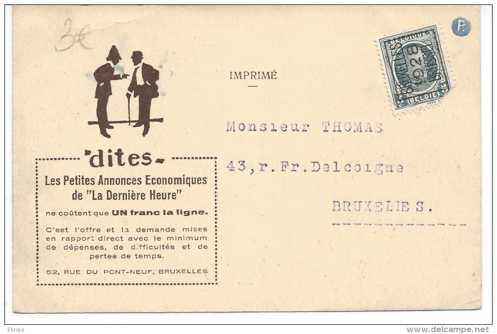 Carte Préoblitérée 1928 Carte De La Dernière Heure - Sobreimpresos 1922-31 (Houyoux)