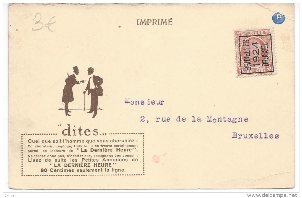 Carte Préoblitérée 1924 Carte De La Dernière Heure - Sobreimpresos 1922-31 (Houyoux)