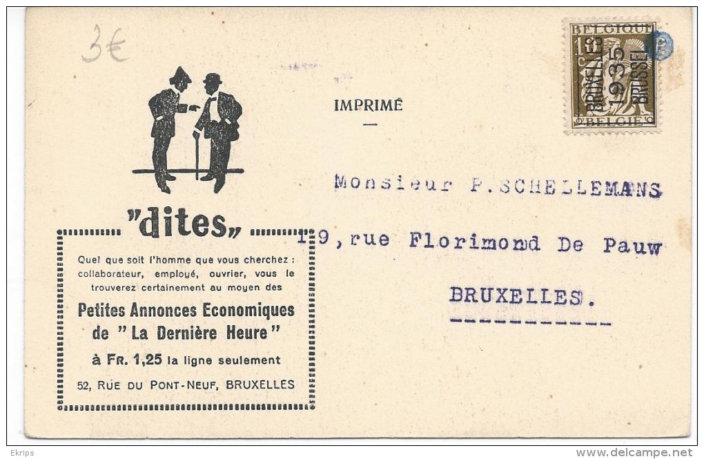 Carte Préoblitérée 1935 Carte De La Dernière Heure - Typos 1932-36 (Cérès Et Mercure)