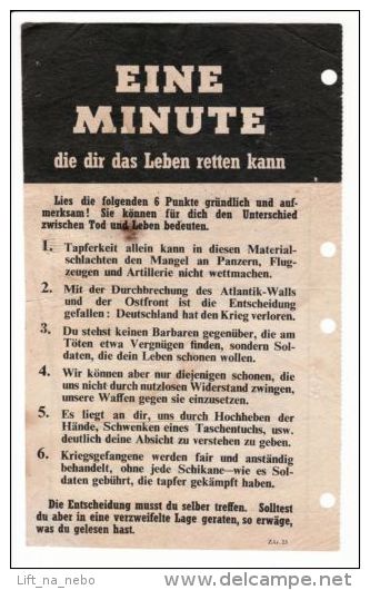 WWII WW2 Propaganda Original Leaflet ZG Series ZG.23 EINE MINUTE Die Dir Das Leb - Non Classés