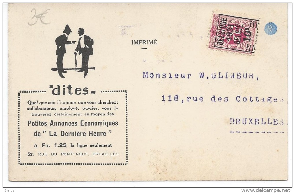 Carte Préoblitérée 1931 Carte De La Dernière Heure - Typos 1922-31 (Houyoux)