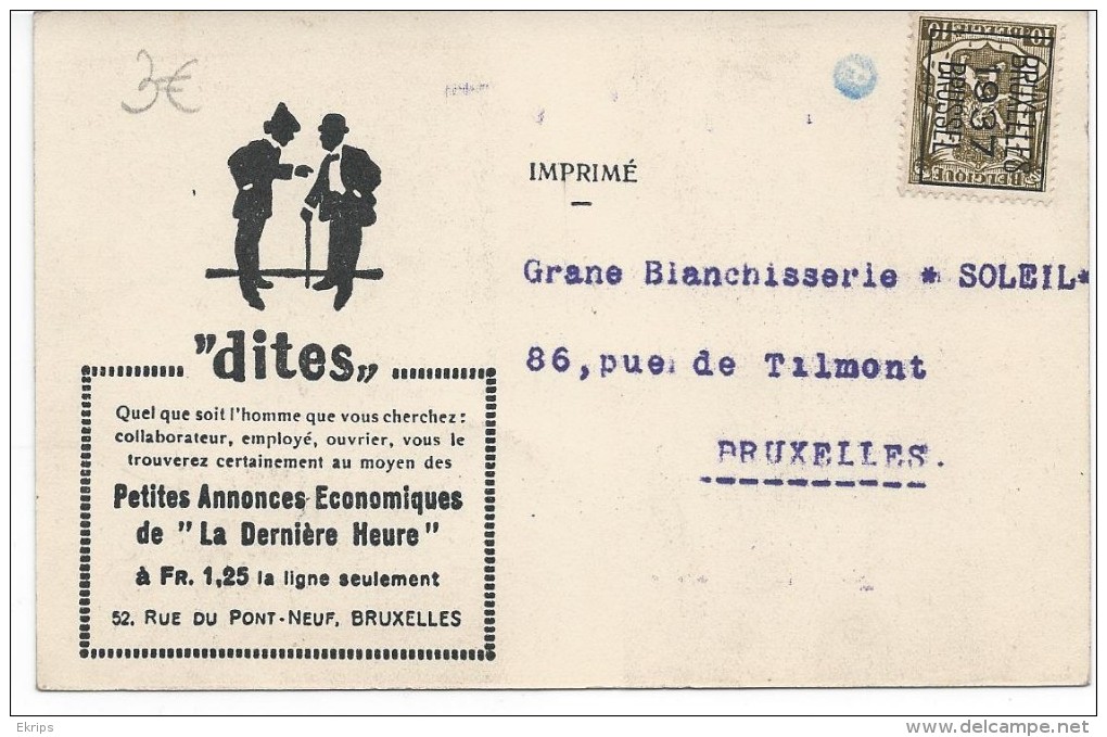 Carte Préoblitérée 1937 Carte De La Dernière Heure - Typos 1936-51 (Petit Sceau)