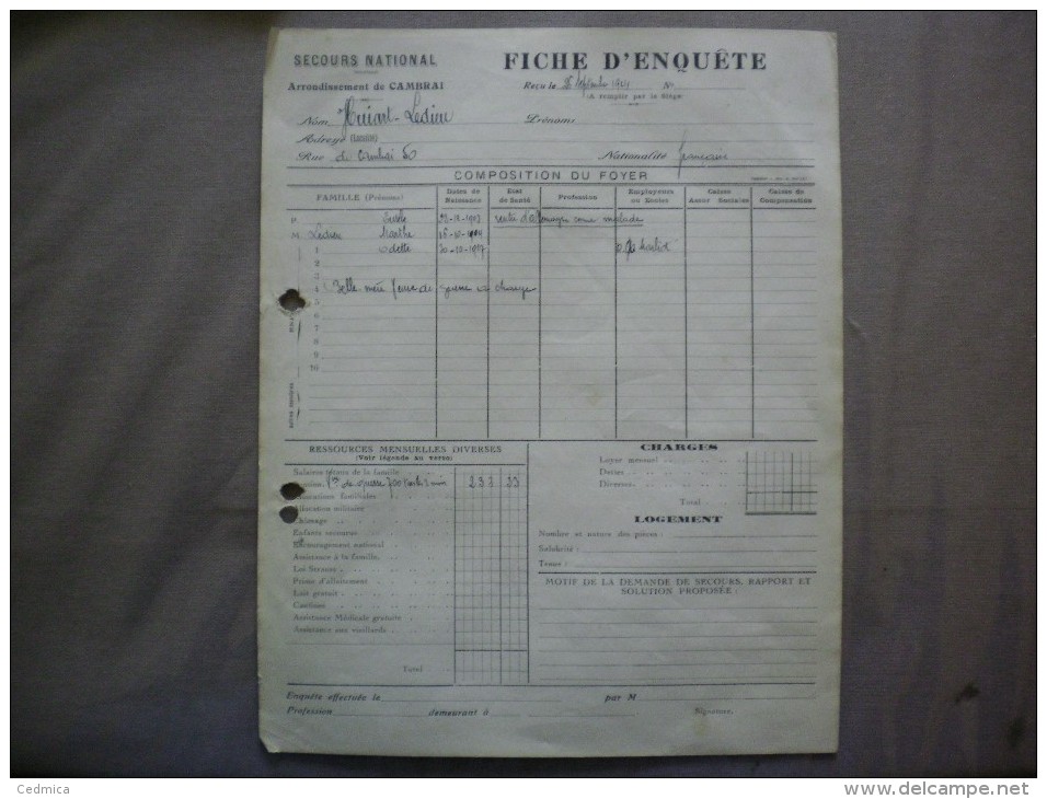 SECOURS NATIONAL ARRONDISSEMENT DE CAMBRAI FICHE D'ENQUÊTE DU 26 SEPTEMBRE 1941 - Documents Historiques