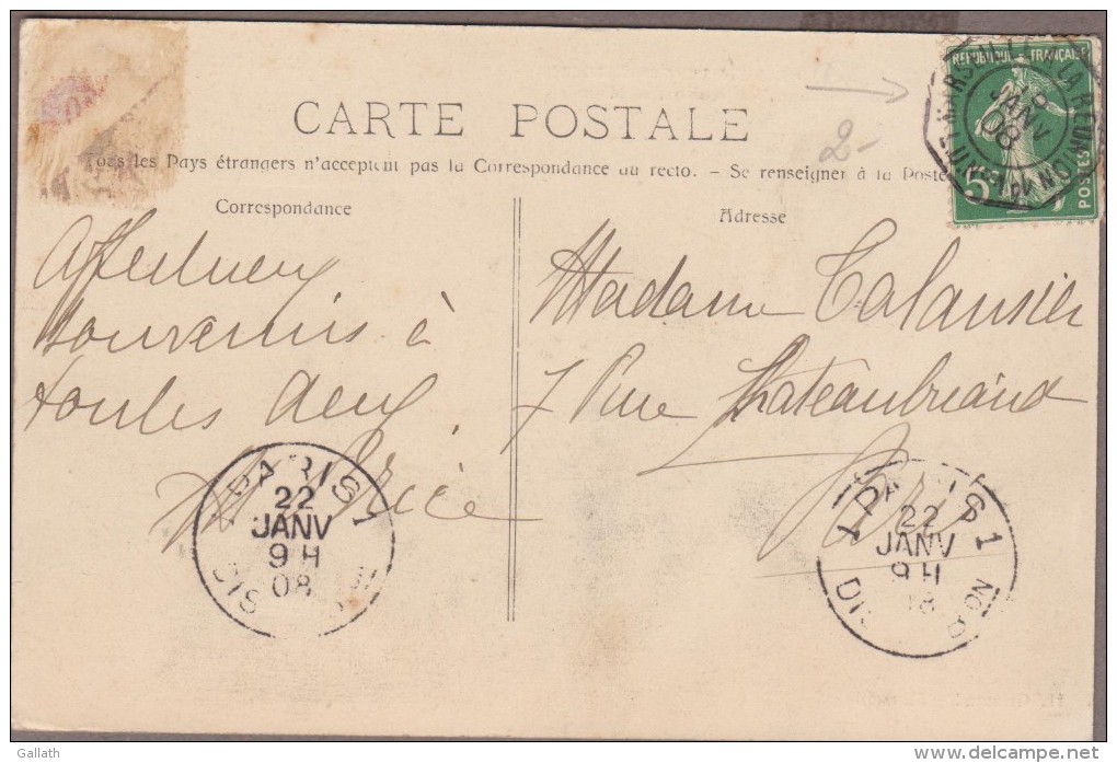 Paquebot NATAL  Messageries Maritimes ...1908 Verso Cachet Octogonal MARSEILLE A LA REUNION  1° L.U.N°1-1908 - Paquebots