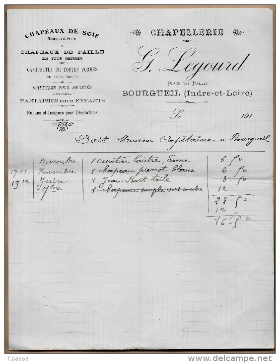 37 BOURGUEIL - Facture CHAPELLERIE G. LEGOURD - Chapeaux De Soie & De Paille Casquettes - Textilos & Vestidos