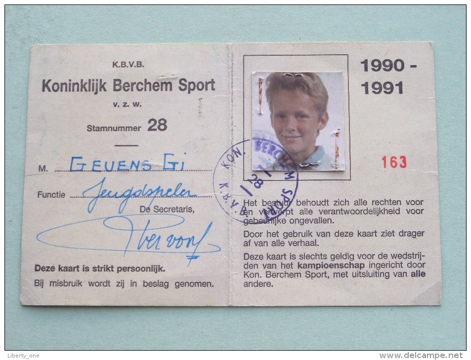 Koninklijk BERCHEM Sport Stamnr. 28 UITNODIGING Geuens Gi Jeugdspeler 1990-1991 Voetbal ( Details Zie Foto ) ! - Toegangskaarten