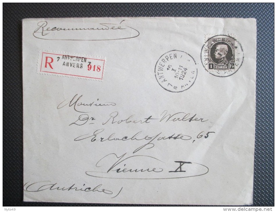 Nr 214 - Aangetekende Brief Uit Antwerpen 7 Naar Vienne X(Oostenrijk) - Vignet Op Achterzijde - 1922-1927 Houyoux