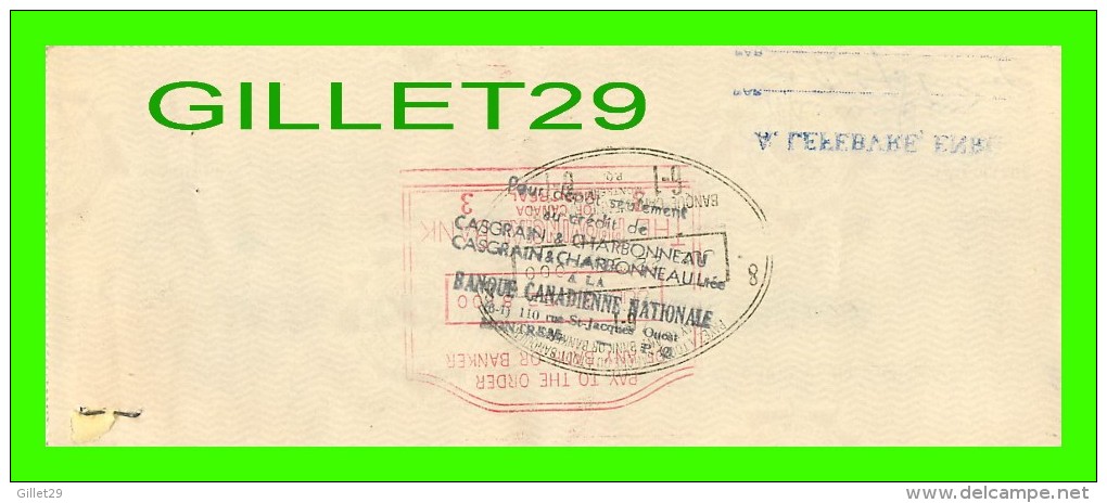 CHÈQUES AVEC TIMBRES ACCISE - LA BANQUE PROVINCIALE DU CANADA, 1952 No 1111 - CACHET POSTE - FISCAUX - - Chèques & Chèques De Voyage