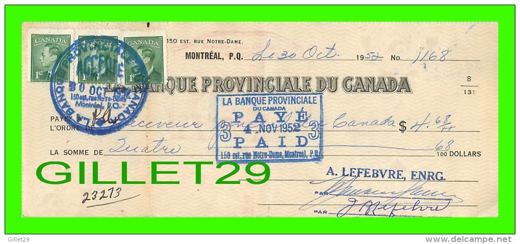 CHÈQUES AVEC TIMBRES ACCISE - LA BANQUE PROVINCIALE DU CANADA, 1952 No 1168  - CACHET POSTE - FISCAUX - Chèques & Chèques De Voyage