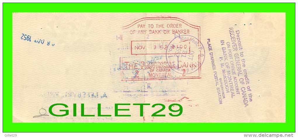 CHÈQUES AVEC TIMBRES ACCISE - LA BANQUE PROVINCIALE DU CANADA, 1952 No 1168  - CACHET POSTE - FISCAUX - Cheques & Traveler's Cheques
