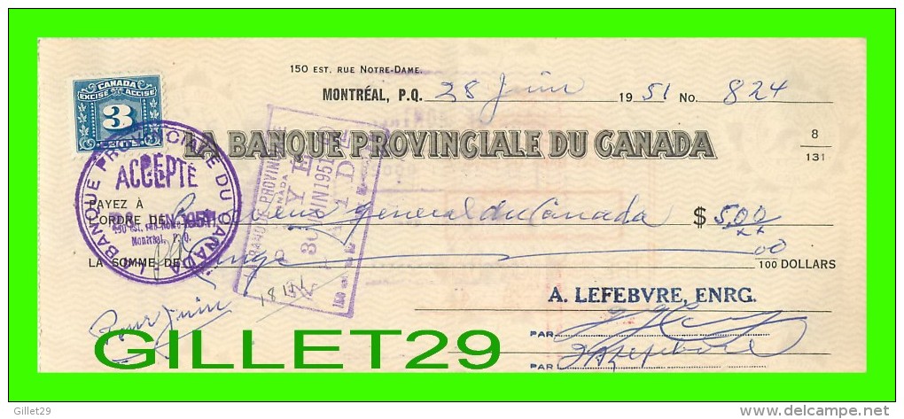 CHÈQUES AVEC TIMBRES ACCISE - LA BANQUE PROVINCIALE DU CANADA, 1951 No 824 - CACHET POSTE - FISCAUX - Chèques & Chèques De Voyage