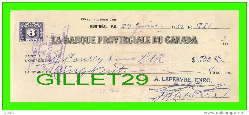 CHÈQUES AVEC TIMBRES ACCISE - LA BANQUE PROVINCIALE DU CANADA, 1951 No 821 - CACHET POSTE - FISCAUX - Chèques & Chèques De Voyage